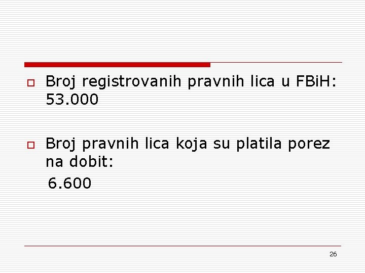 o o Broj registrovanih pravnih lica u FBi. H: 53. 000 Broj pravnih lica