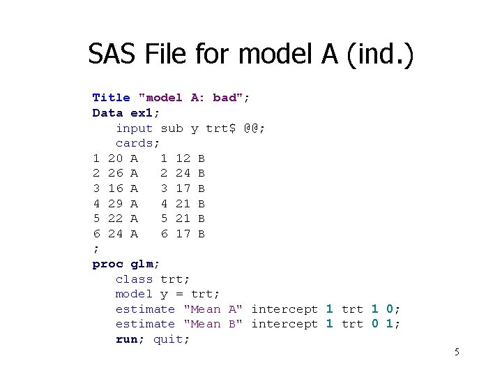 SAS File for model A (ind. ) Title "model A: bad"; Data ex 1;