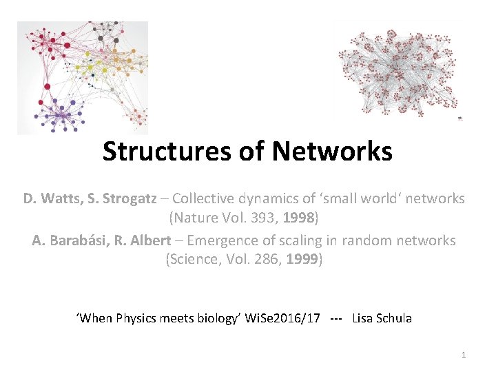 Structures of Networks D. Watts, S. Strogatz – Collective dynamics of ‘small world‘ networks