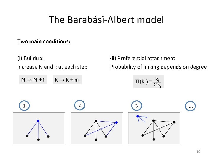 The Barabási-Albert model Two main conditions: (i) Buildup: increase N and k at each