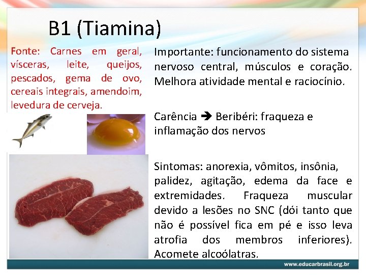 B 1 (Tiamina) Fonte: Carnes em geral, vísceras, leite, queijos, pescados, gema de ovo, B 1 (Tiamina) Fonte: Carnes em geral, vísceras, leite, queijos, pescados, gema de ovo,