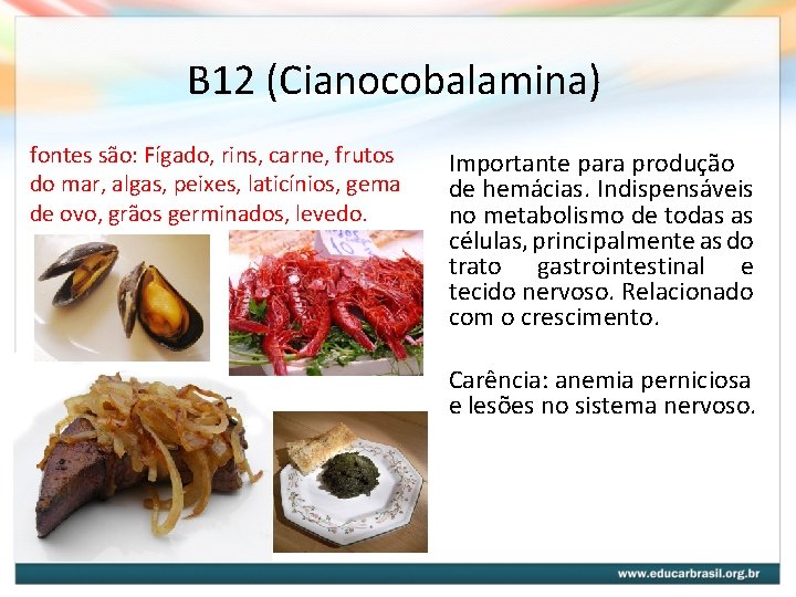 B 12 (Cianocobalamina) fontes são: Fígado, rins, carne, frutos do mar, algas, peixes, laticínios, B 12 (Cianocobalamina) fontes são: Fígado, rins, carne, frutos do mar, algas, peixes, laticínios,