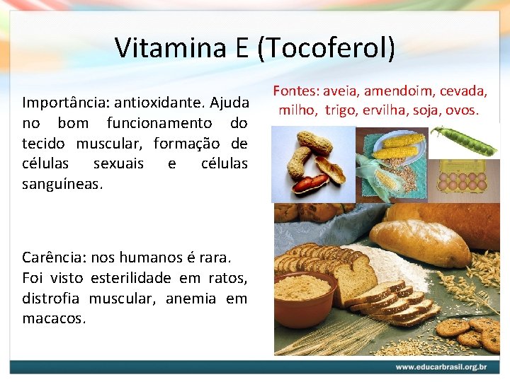 Vitamina E (Tocoferol) Importância: antioxidante. Ajuda no bom funcionamento do tecido muscular, formação de Vitamina E (Tocoferol) Importância: antioxidante. Ajuda no bom funcionamento do tecido muscular, formação de
