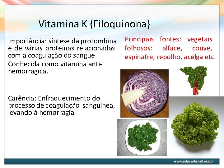 Vitamina K (Filoquinona) Importância: síntese da protombina e de várias proteínas relacionadas com a Vitamina K (Filoquinona) Importância: síntese da protombina e de várias proteínas relacionadas com a