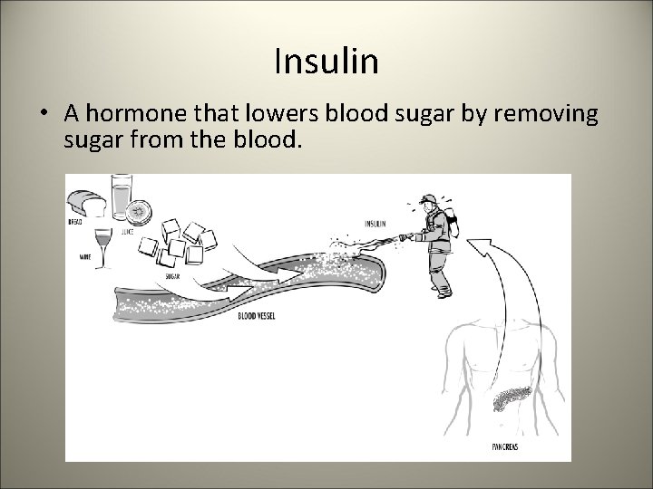 Insulin • A hormone that lowers blood sugar by removing sugar from the blood.