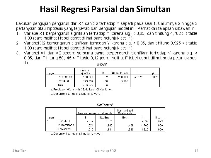 Hasil Regresi Parsial dan Simultan Lakukan pengujian pengaruh dari X 1 dan X 2