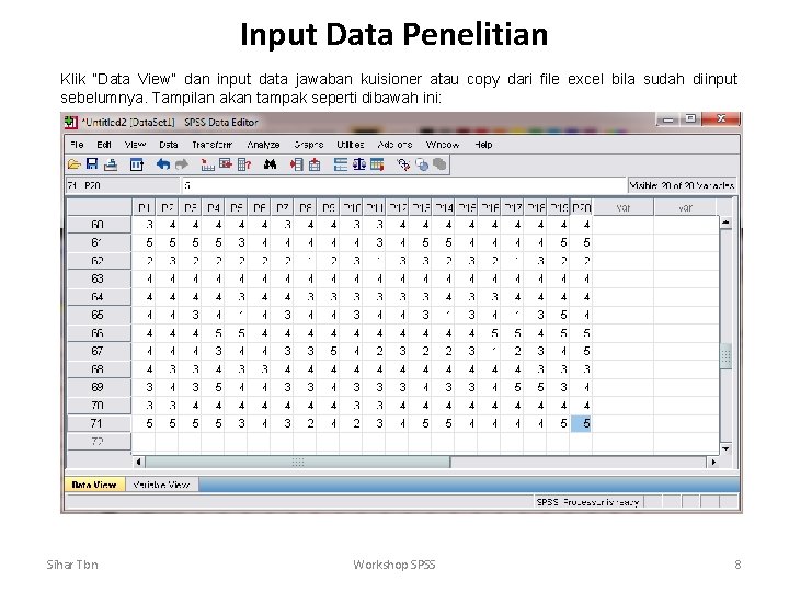 Input Data Penelitian Klik “Data View” dan input data jawaban kuisioner atau copy dari