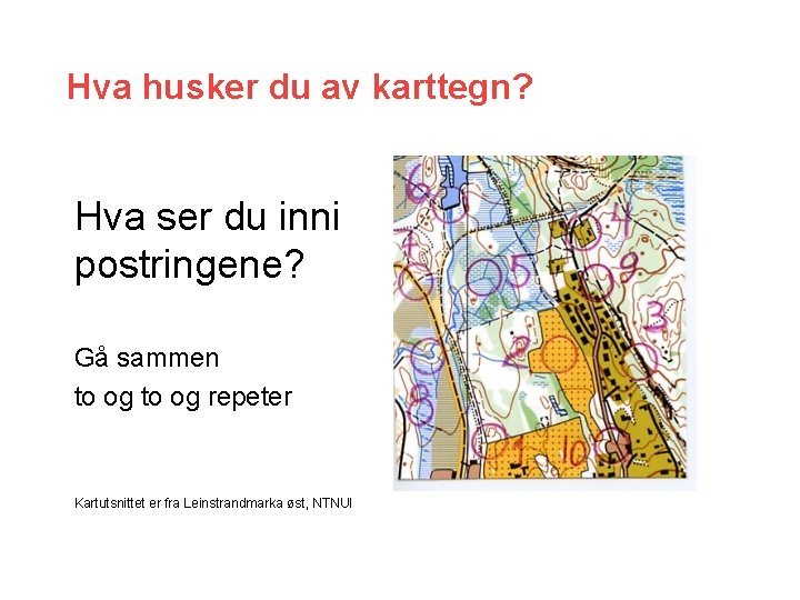 Hva husker du av karttegn? Hva ser du inni postringene? Gå sammen to og