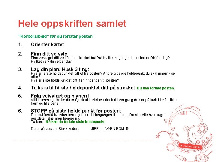 Hele oppskriften samlet ”Kontorarbeid” før du forlater posten 1. Orienter kartet 2. Finn ditt
