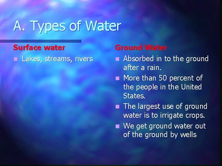 A. Types of Water Surface water n Lakes, streams, rivers Ground Water n Absorbed