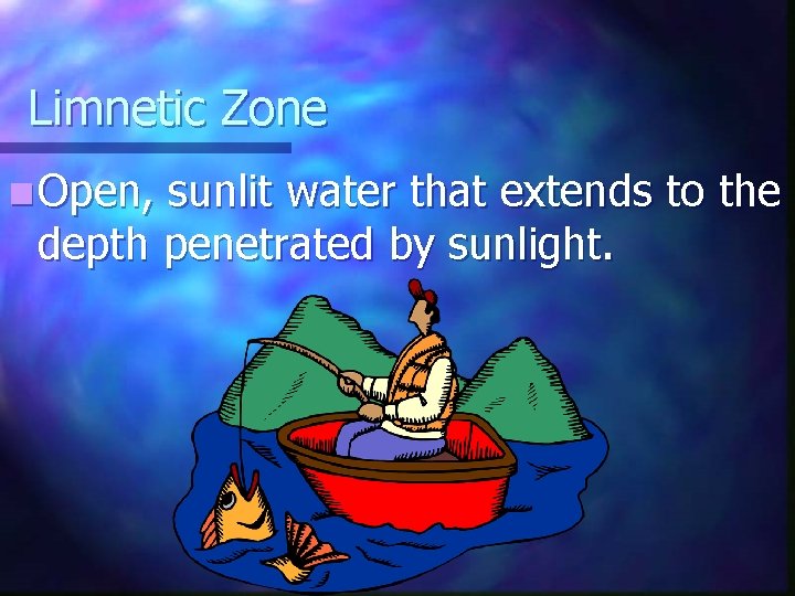 Limnetic Zone n Open, sunlit water that extends to the depth penetrated by sunlight.