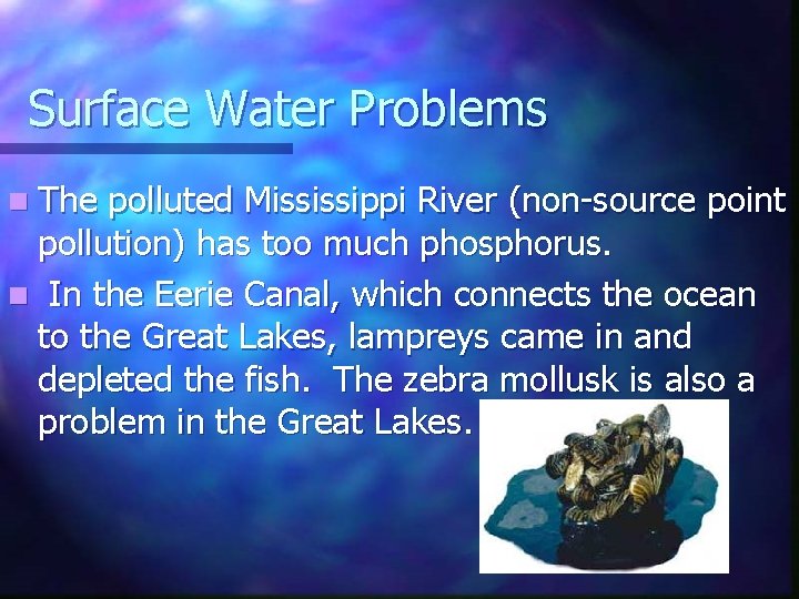 Surface Water Problems n The polluted Mississippi River (non-source point pollution) has too much