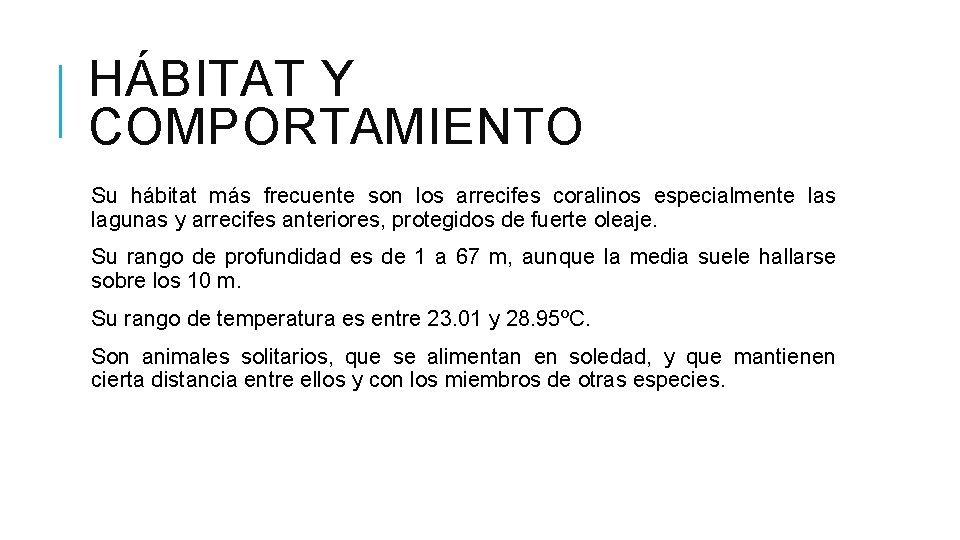 HÁBITAT Y COMPORTAMIENTO Su hábitat más frecuente son los arrecifes coralinos especialmente las lagunas