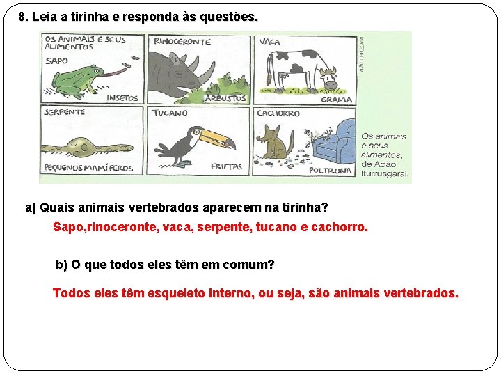 8. Leia a tirinha e responda às questões. a) Quais animais vertebrados aparecem na