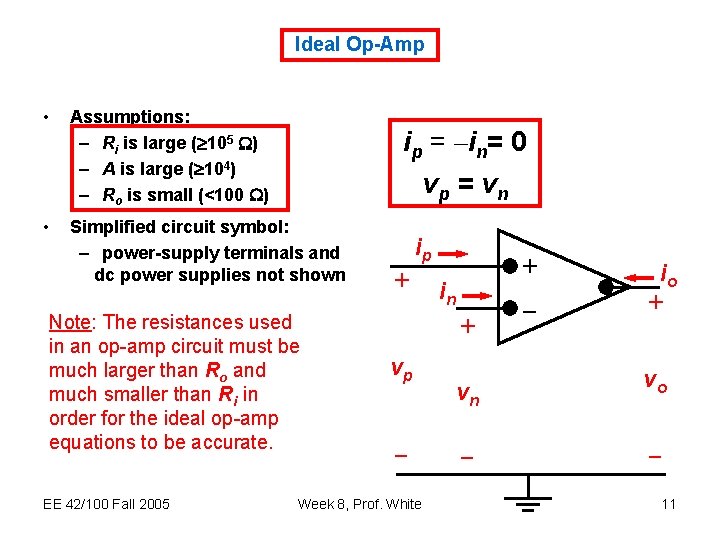 Ideal Op-Amp • • Assumptions: – Ri is large ( 105 W) – A