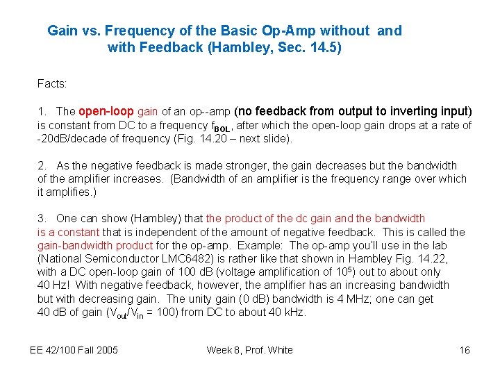 Gain vs. Frequency of the Basic Op-Amp without and with Feedback (Hambley, Sec. 14.