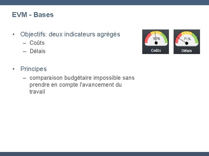 EVM - Bases • Objectifs: deux indicateurs agrégés – Coûts – Délais • Principes