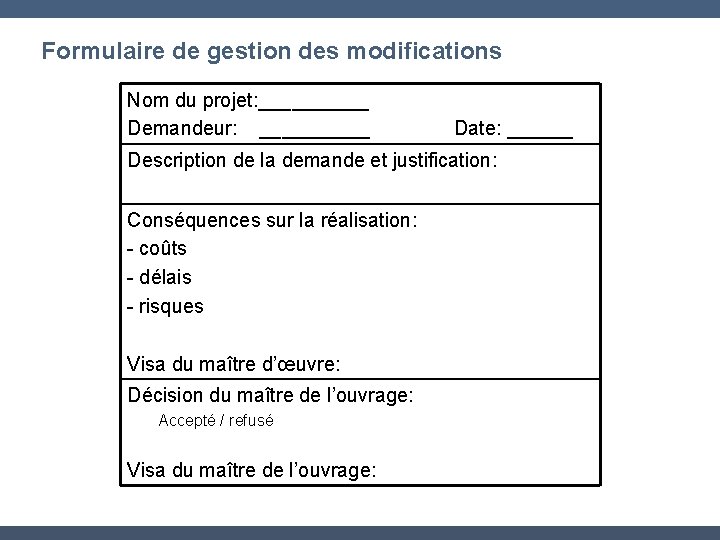 Formulaire de gestion des modifications Nom du projet: _____ Demandeur: _____ Date: ______ Description