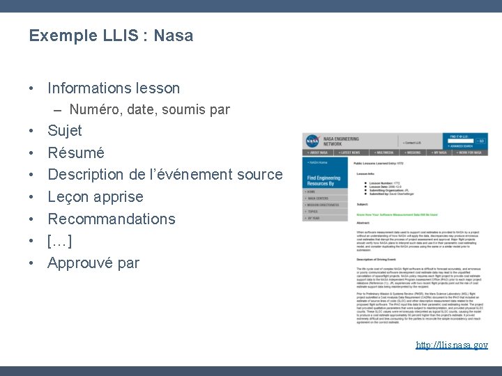 Exemple LLIS : Nasa • Informations lesson – Numéro, date, soumis par • •