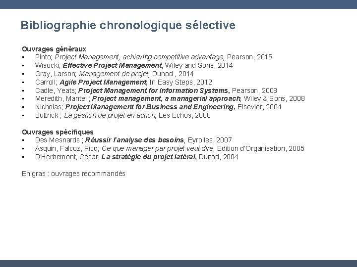 Bibliographie chronologique sélective Ouvrages généraux • Pinto; Project Management, achieving competitive advantage, Pearson, 2015