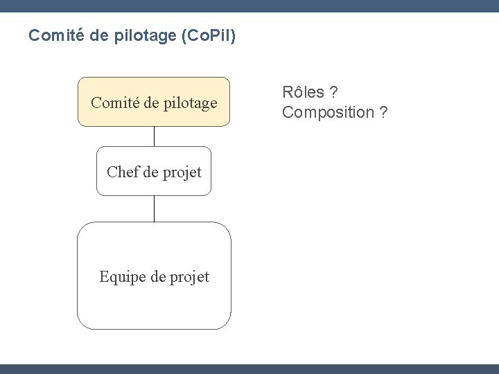 Comité de pilotage (Co. Pil) Comité de pilotage Chef de projet Equipe de projet