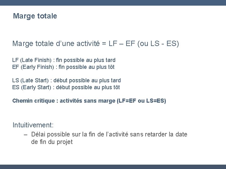 Marge totale d’une activité = LF – EF (ou LS - ES) LF (Late