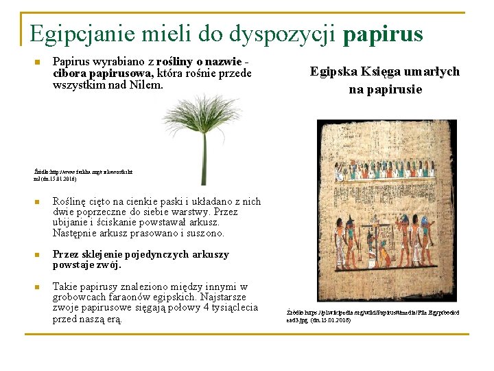 Egipcjanie mieli do dyspozycji papirus n Papirus wyrabiano z rośliny o nazwie - cibora