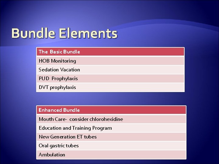 Bundle Elements The Basic Bundle HOB Monitoring Sedation Vacation PUD Prophylaxis DVT prophylaxis Enhanced