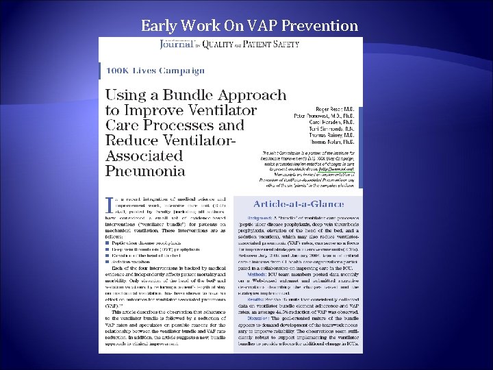 Early Work On VAP Prevention 