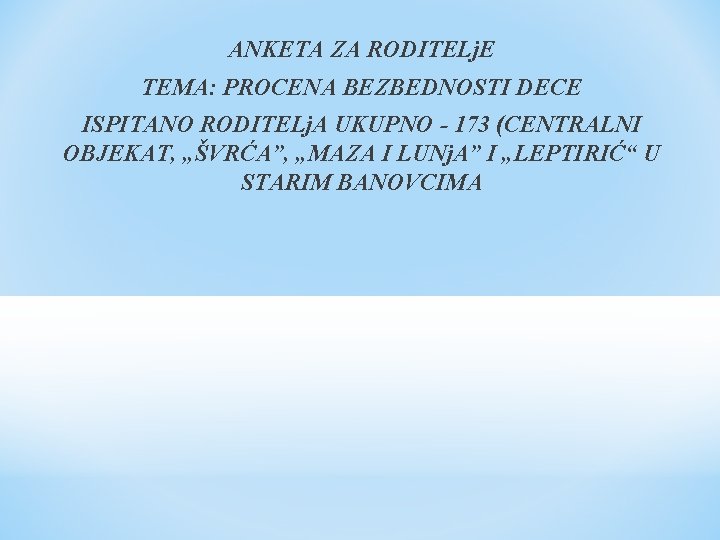 ANKETA ZA RODITELj. E TEMA: PROCENA BEZBEDNOSTI DECE ISPITANO RODITELj. A UKUPNO - 173