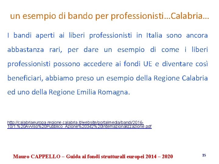 un esempio di bando per professionisti…Calabria… I bandi aperti ai liberi professionisti in Italia