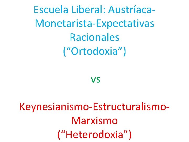 Escuela Liberal: Austríaca. Monetarista-Expectativas Racionales (“Ortodoxia”) vs Keynesianismo-Estructuralismo- Marxismo (“Heterodoxia”) 