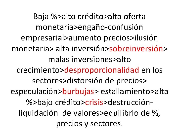 Baja %>alto crédito>alta oferta monetaria>engaño-confusión empresarial>aumento precios>ilusión monetaria> alta inversión>sobreinversión> malas inversiones>alto crecimiento>desproporcionalidad en