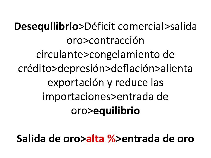 Desequilibrio>Déficit comercial>salida oro>contracción circulante>congelamiento de crédito>depresión>deflación>alienta exportación y reduce las importaciones>entrada de oro>equilibrio Salida