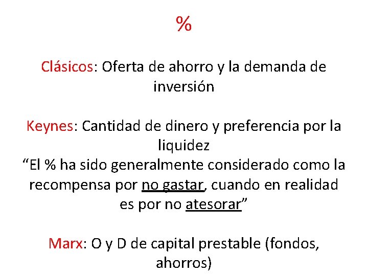 % Clásicos: Oferta de ahorro y la demanda de inversión Keynes: Cantidad de dinero