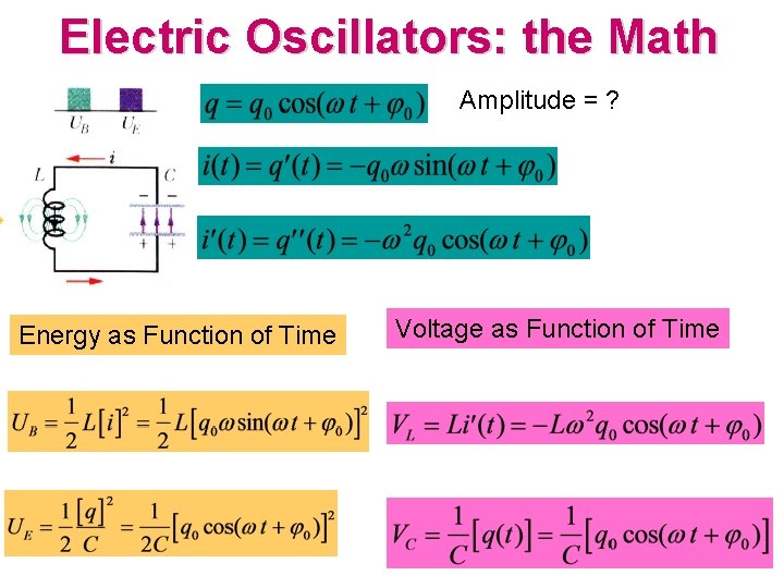 Electric Oscillators: the Math Amplitude = ? Energy as Function of Time Voltage as