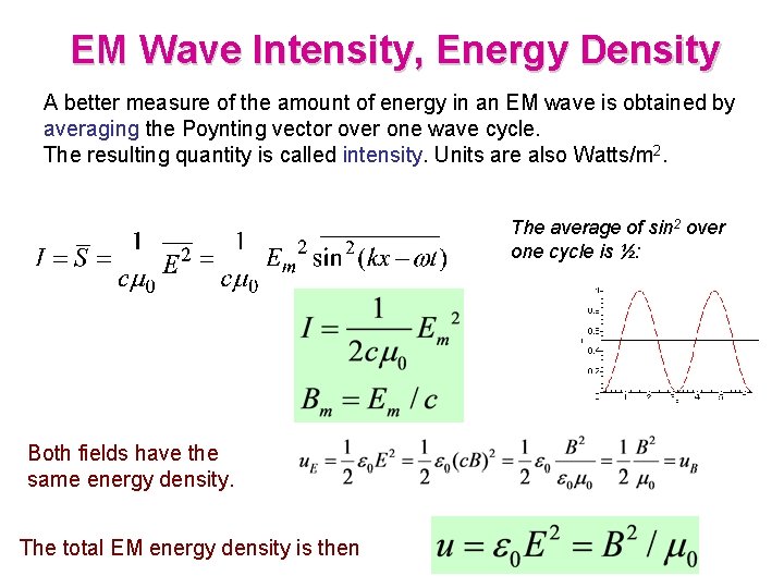 EM Wave Intensity, Energy Density A better measure of the amount of energy in