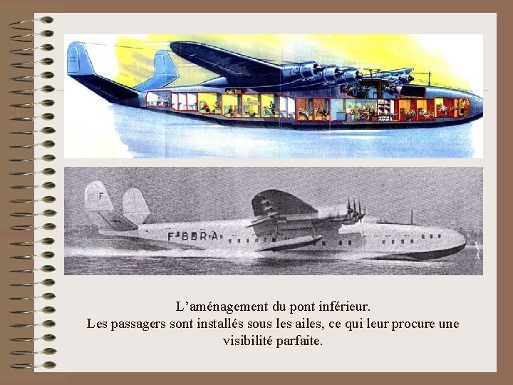 L’aménagement du pont inférieur. Les passagers sont installés sous les ailes, ce qui leur