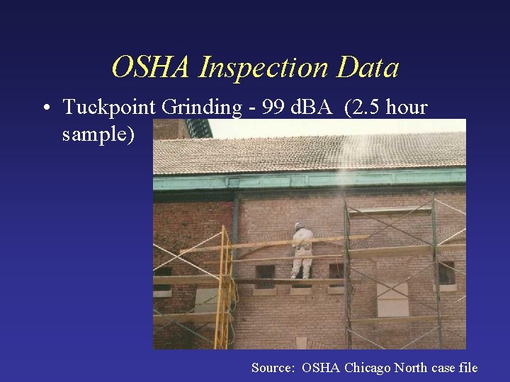 OSHA Inspection Data • Tuckpoint Grinding - 99 d. BA (2. 5 hour sample) OSHA Inspection Data • Tuckpoint Grinding - 99 d. BA (2. 5 hour sample)