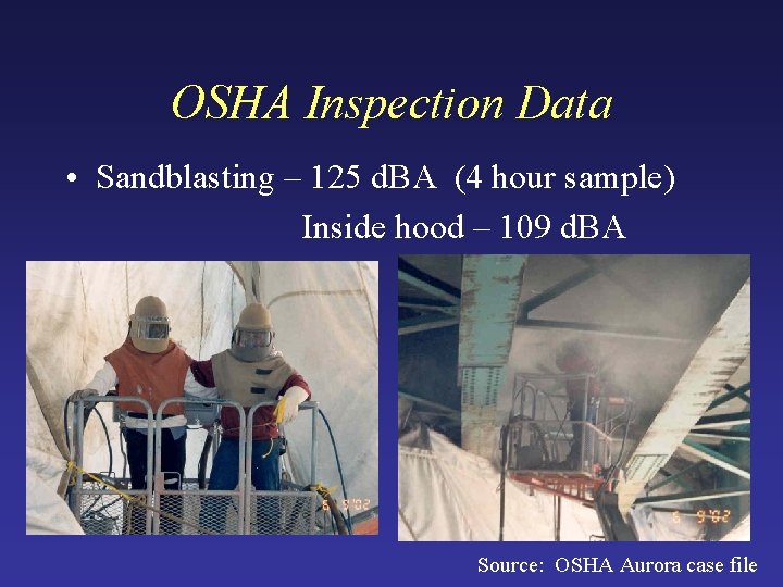 OSHA Inspection Data • Sandblasting – 125 d. BA (4 hour sample) Inside hood