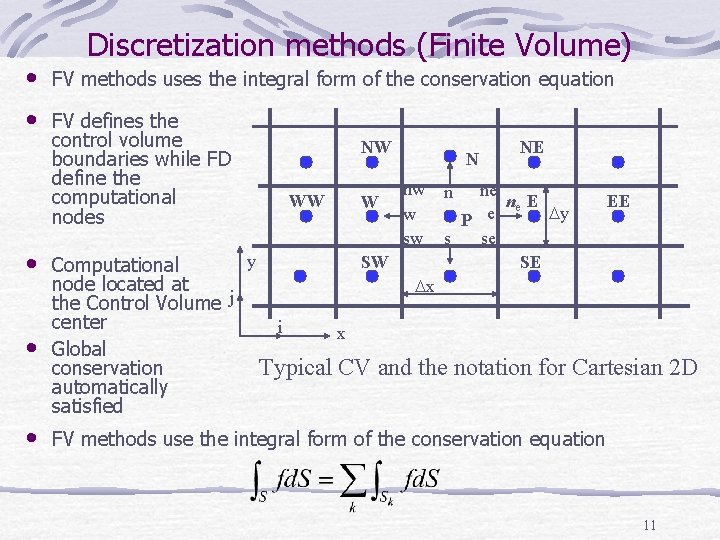 Discretization methods (Finite Volume) • FV methods uses the integral form of the conservation