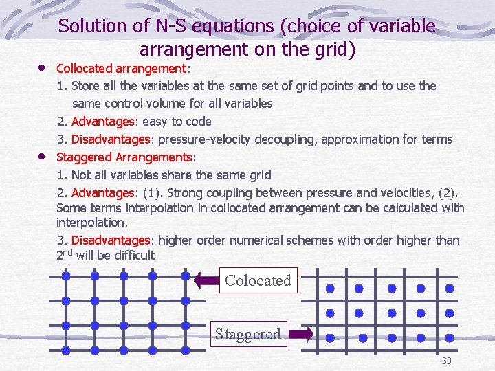  • • Solution of N-S equations (choice of variable arrangement on the grid)