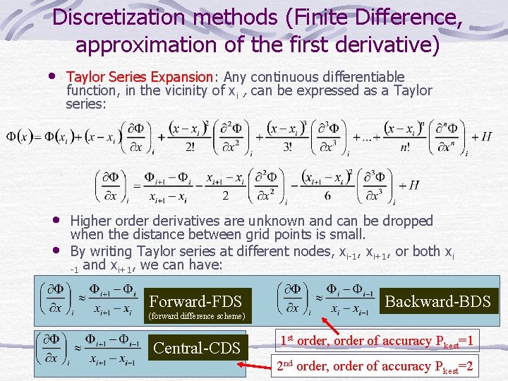 Discretization methods (Finite Difference, approximation of the first derivative) • Taylor Series Expansion: Any