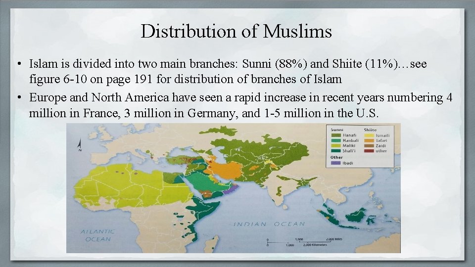Distribution of Muslims • Islam is divided into two main branches: Sunni (88%) and
