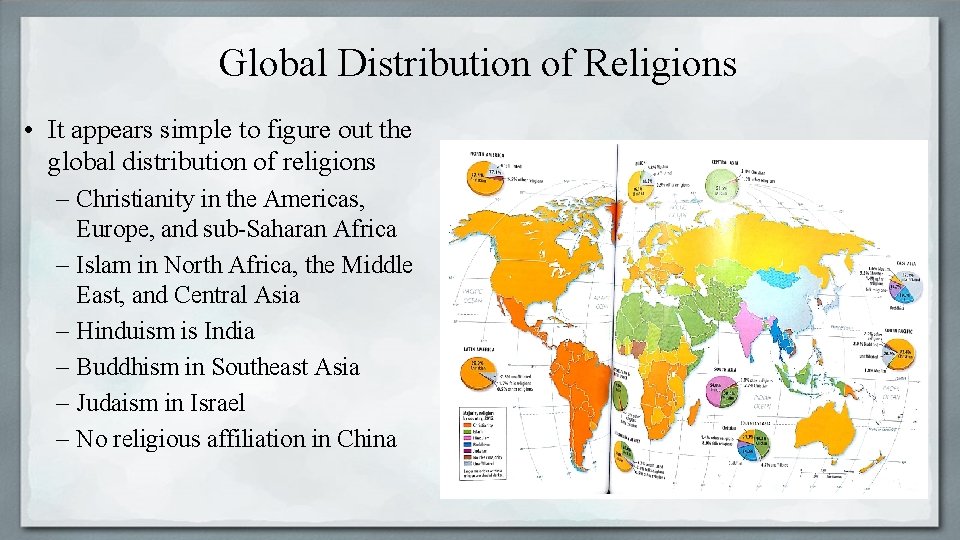 Global Distribution of Religions • It appears simple to figure out the global distribution