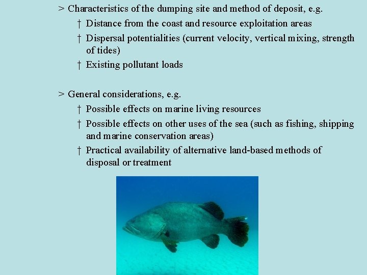 > Characteristics of the dumping site and method of deposit, e. g. † Distance