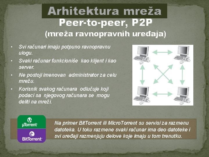 Arhitektura mreža Peer-to-peer, P 2 P (mreža ravnopravnih uređaja) • • Svi računari imaju