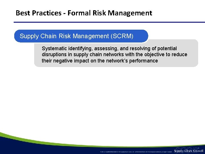 Best Practices - Formal Risk Management Supply Chain Risk Management (SCRM) Systematic identifying, assessing, Best Practices - Formal Risk Management Supply Chain Risk Management (SCRM) Systematic identifying, assessing,