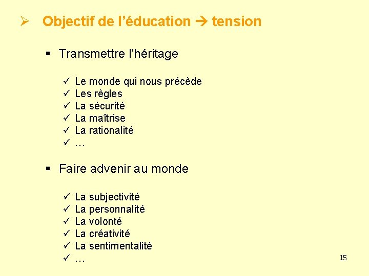 Ø Objectif de l’éducation tension § Transmettre l’héritage ü ü ü Le monde qui