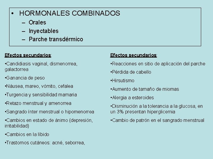  • HORMONALES COMBINADOS – Orales – Inyectables – Parche transdérmico Efectos secundarios: secundarios